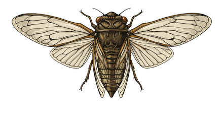 Detailed Illustration of a Brown Cicada with Veined Wings.