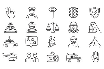 Set of healthcare, rescue, and safety service icons featuring police, fire, and medical emergency symbols