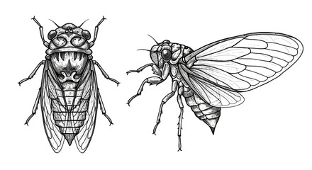 Detailed Cicada Insect Illustration Two Poses Black and White.
