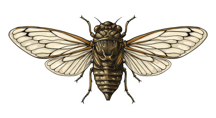 Detailed Illustration of a Brown Cicada with Veined Wings.