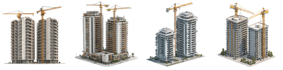 Modern high-rise buildings under construction with cranes, perfect for real estate, architecture, urban development projects