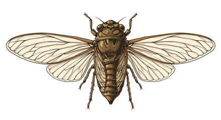 Detailed Illustration of a Brown Cicada with Veined Wings.