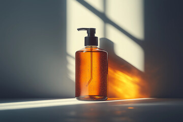 Elegant amber liquid soap bottle under sunlight in a studio.