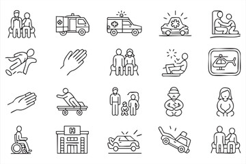 Emergency medical response icons set for healthcare, rescue, and ambulance service designs