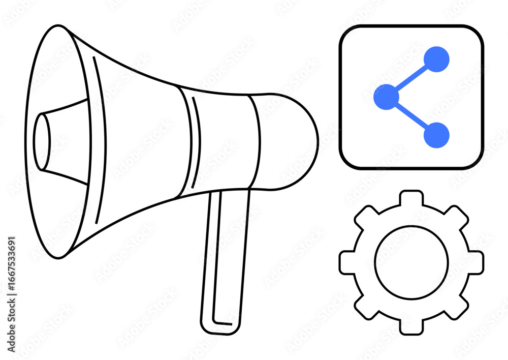 Poster megaphone for announcements, share icon connecting points, and gear for customization. ideal for com