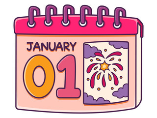 Gradient pastel calendar icon 1 January surrounded by fireworks in pink, purple, yellow, New Year festive mood