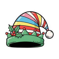 Whimsical striped elf hat with holly and berries isolated on transparent background