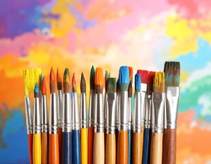 Fototapeta premium A vibrant row of assorted paint brushes, featuring various sizes and bristle types, resting on a wooden surface, showcasing colorful paint splatters.