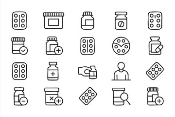 Set of pharmacy and healthcare icons for prescription, pills, and medication designs