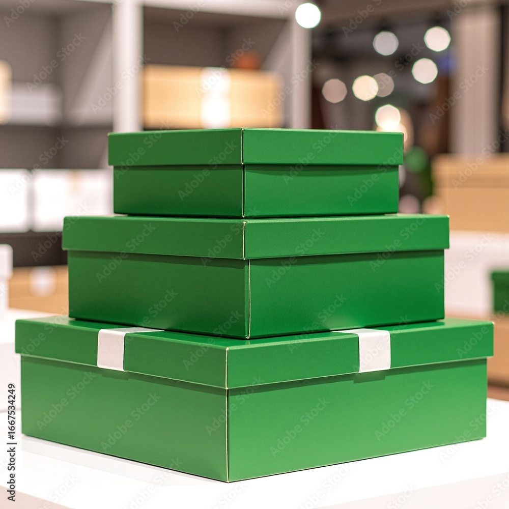 Poster a neatly arranged stack of vibrant green boxes, varying in size, with smooth surfaces and crisp edge