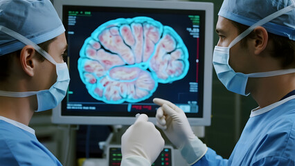 Surgeons examining a brain scan on a monitor during a medical procedure