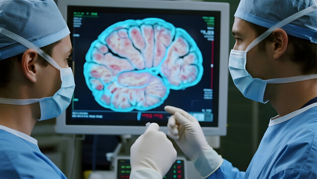Surgeons examining a brain scan on a monitor during a medical procedure - Powered by Adobe