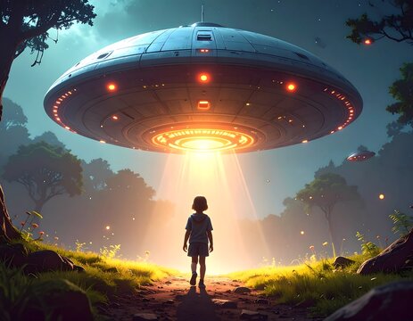 Child approaches UFO in forest at night - Powered by Adobe