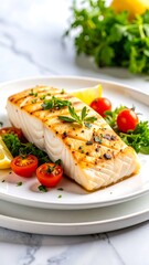 Grilled fish fillet with lemon and cherry tomatoes
