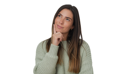Young woman with hand on chin thinking and looking up isolated on transparent background