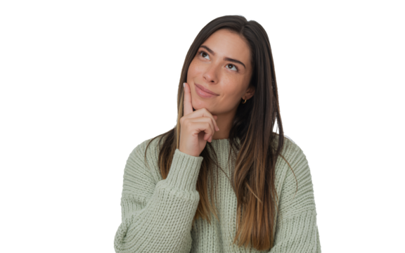 Young woman with hand on chin thinking and looking up isolated on transparent background - Powered by Adobe