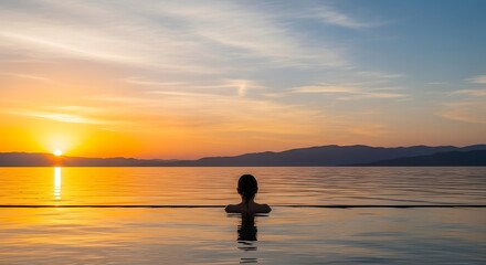 Fototapeta premium Woman enjoying tranquil sunset over lake with vibrant golden hour reflections, calm water