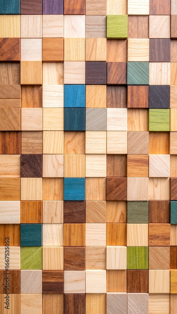 Poster a rustic wall constructed from an array of uneven wooden blocks, showcasing rich textures and natura