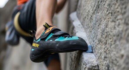 Rock climber's shoe gripping a hold during ascent, showcasing sport climbing adventure