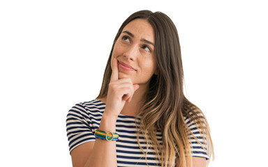 Young woman thinking with finger on chin isolated on transparent background