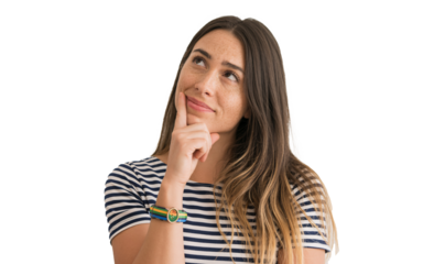 Young woman thinking with finger on chin isolated on transparent background