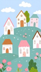 Cute cartoon houses on a hill