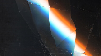 Naklejka na ściany i meble Cracked screen. Glitch glow flare. Fiction damaged scratch defocused black background copy space. Distressed display gradient light distortion.