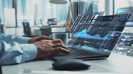 Person working on laptop with overlayed data visualizations in an office setting - Powered by Adobe