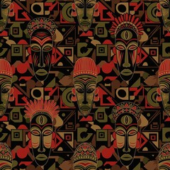 Kwanzaa African Masks Pattern. Seamless design with cultural masks in red black green for Kwanzaa celebration