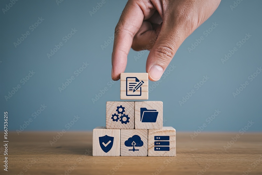 Poster hand stacking wooden cubes with technology icons representing data management and digital security c