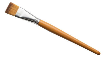 A flat artist paintbrush with a light brown wooden handle and a silver metal ferrule holding brown bristles on a black background
