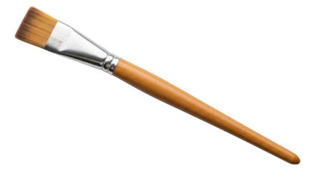 A flat artist paintbrush with a light brown wooden handle and a silver metal ferrule holding brown bristles on a black background