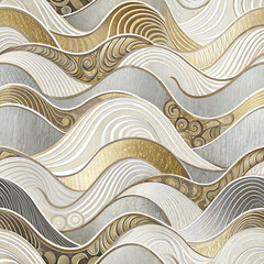 Abstract seamless pattern with gold and gray waves for textile design