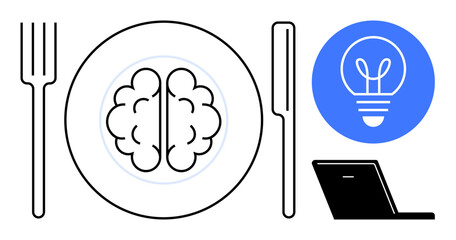 Brain on a plate with fork and knife, laptop, and light bulb representing creativity, innovation, learning, mindfulness, productivity, brainstorming and work-life balance. Ideal for workshops