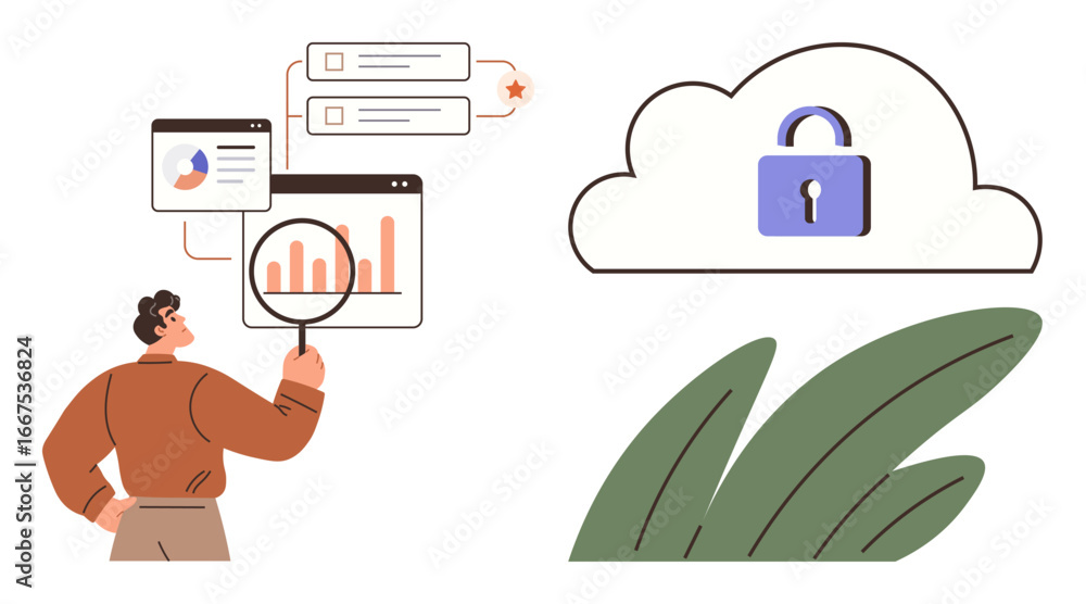 Poster person examining data charts with magnifying glass next to a secure cloud symbol. ideal for analytic