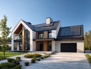 Fototapeta premium Modern home exterior architecture design with solar panels and beautiful landscape