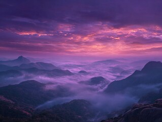 Purple mountain landscape photography at sunset with clouds and mystic fog view
