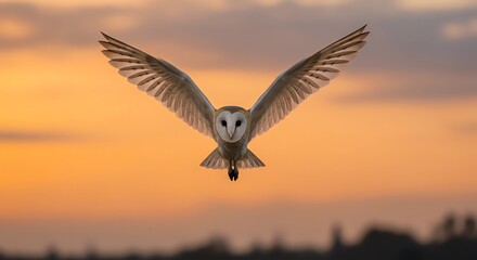 Barn owl in flight against sunset sky