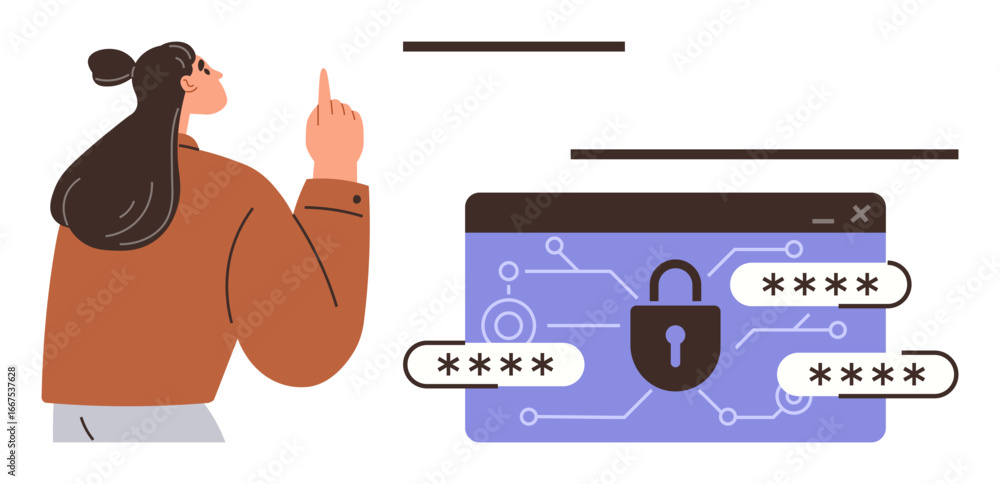 Poster woman interacting with a password-protected digital interface displaying a secure lock and encrypted