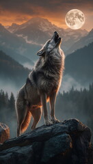 Wild Wolf Howling At Full Moon On Mountain Cliff With Dramatic Landscape