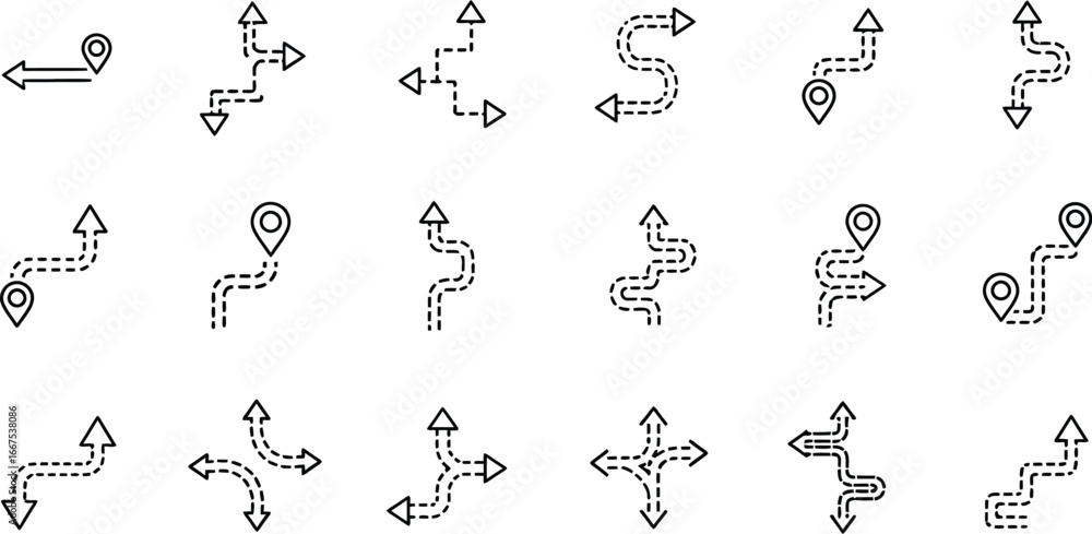 Poster Set of black linear route arrows with location pin for navigation and direction, representing various paths and choices