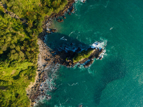 Aerial Photo of Karang Agung Rocky Beach at Sunset, Beautiful Coastal Texture from Above, UNESCO Global Geopark Kebumen