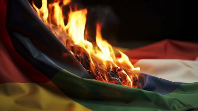 Burning fabric flag in flames with smoke on a dark background