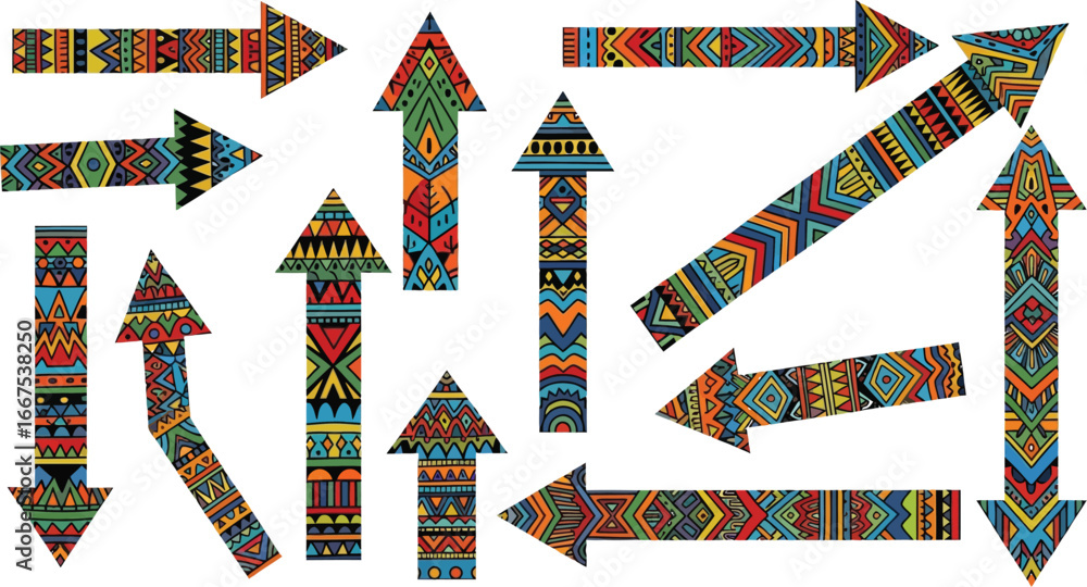 Poster set of ethnic arrows with colorful tribal patterns, perfect for adding a unique touch to your design