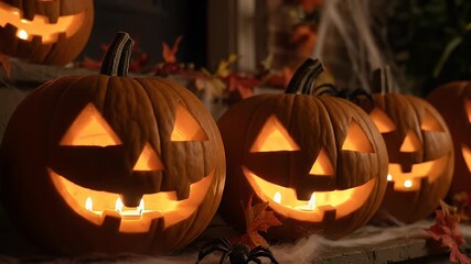 Lit carved pumpkins displaying jack o lantern faces at night