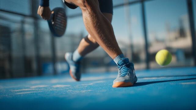 Dynamic padel player action shot with ball racket and blue court energetic - Powered by Adobe