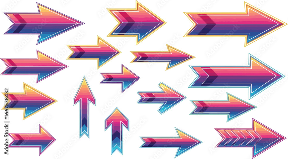 Poster set of colorful gradient arrows pointing in different directions for web design and user interface e