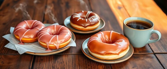 Fresh glazed donuts and steaming coffee cups on rustic wooden table,  dessert,  coffee shop