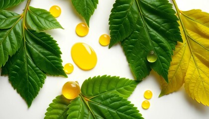 Fresh neem leaves and oil droplets on white backdrop,   clean,  oil