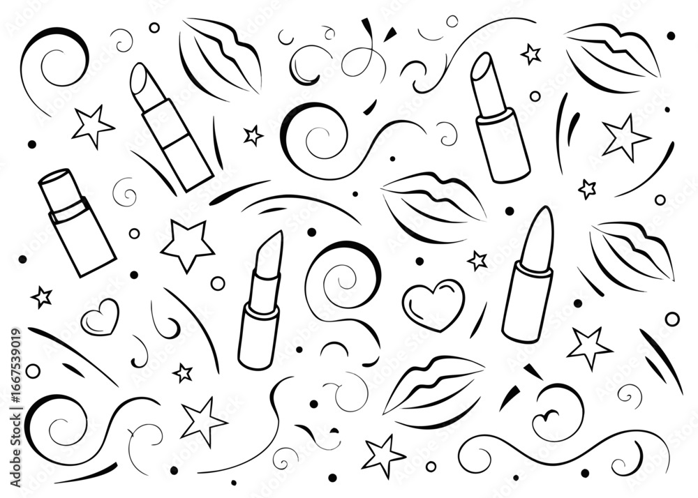 Poster charming hand drawn seamless pattern featuring makeup lipstick elements with a playful color palette